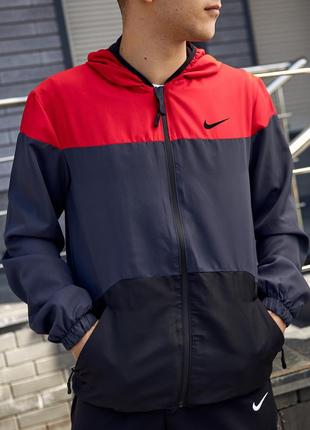 Мужская ветровка nike красная с серым спортивная легкая весенняя | мужская куртка найк черная (bon)7 фото