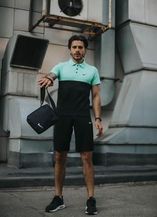 Мужской летний костюм nike футболка поло + шорты + барсетка в подарок бирюзовая с черным комплект найк (bon)