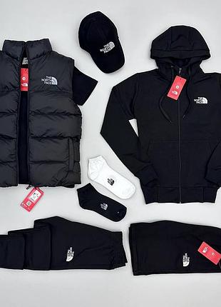 Мужской спортивный костюм the north face 8в1 жилетка + кофта + штаны + футболка + шорты + кепка черный (bon)