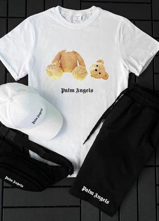 Чоловічий літній костюм palm angels з ведмедем футболка + шорти + кепка + барсетка чорно-білий палм ангелс (bon)