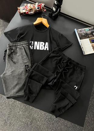 Чоловічий літній костюм nba футболка + штани + шорти чорний із сірим комплектом нба (bon)4 фото