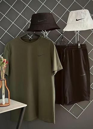 Чоловічий літній костюм 3в1 nike футболка + шорти + панамка комплект найк на літо хакі з чорним (bon)