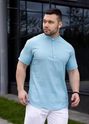 Мужская льняная рубашка синяя воротник стойка молодежная приталенная с коротким рукавом (bon)5 фото