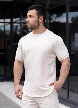 Мужская кремовая футболка базовая на лето хлопковая повседневная с круглым вырезом (bon)