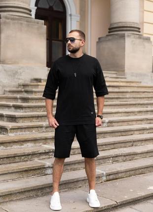Чоловічий літній костюм оверсайз футболка + шорти чорний спортивний костюм на літо вільного крою (bon)