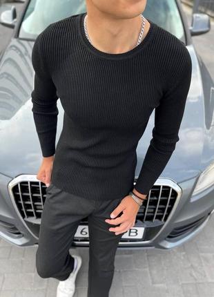 Мужской шерстяной свитер черный классический без горла на зиму в рубчик теплый (bon)