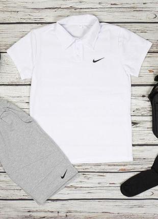 Мужской летний костюм nike поло + шорты + кепка + барсетка + носки комплект 5в1 найк белый с серым (bon)