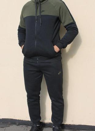 Чоловічий зимовий спортивний костюм nike чорний із хакі найк із капюшоном на блискавці (bon)