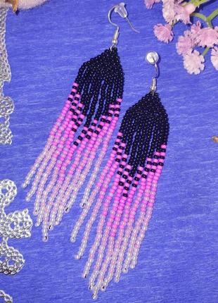 Сережки з бісеру рожеві (ручна робота, матеріал: чеський бісер, ширина - 2 см, довжина - 8,5 см)1 фото