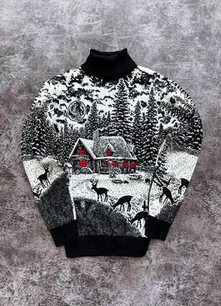 Мужской новогодний свитер с оленями и домиками черный с горлом шерстяной