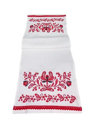 Полотенце "праздничное" белый с красной вышивкой льняное, галерея льна
