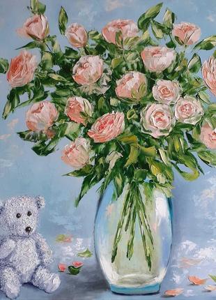 Картина маслом,масляными красками, букет роз, цветы в вазе, на подарок, 40х40 см.1 фото