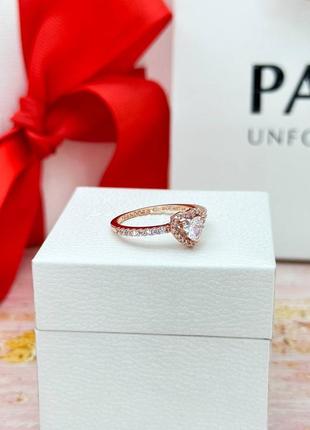 Серебряная кольца «блестящее прозрачное сердце» в позолоте rose пандора2 фото