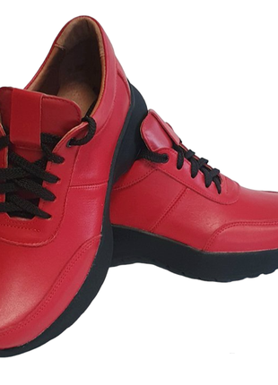 Кожаные женские кроссовки красного цвета на высокой облегченной подошве для бега 36-41 демисезонные4 фото