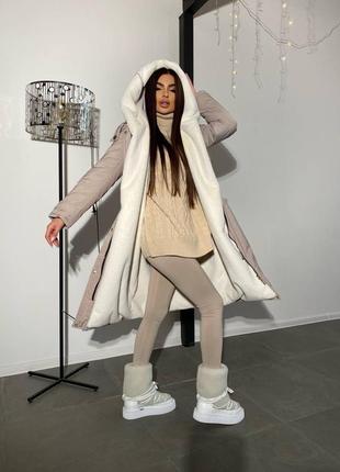 Роскошная зимняя длинная тёплая парка шуба курточка с искусственным мехом кролика пальто пуховик хаки чёрная бежевая