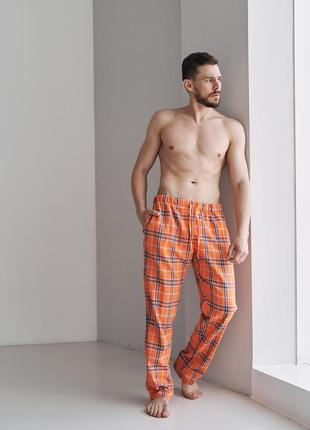 Штаны мужские в клеточку для дома comfort оранжевые3 фото