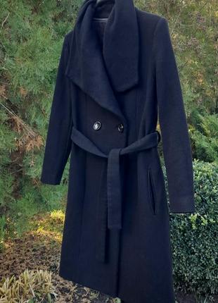 Чорне вовняне пальто міді з лацканами8 фото