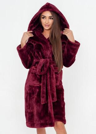 22 длинный махровый халат бордовый велсофт с капюшоном и карманами для женщин теплый уютный