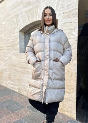 Тепла зимова куртка з капюшоном дута довга чорна беж туреччина