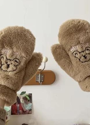 Перчатки варежки женские с медвежонком1 фото