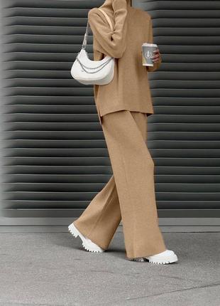 Теплый костюм из ангоры рубчик кофта свитер свободного кроя с горлом брюки палаццо с высокой посадкой на резинке широкие модный4 фото