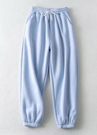Спортивные женские штаны джоггеры на флисе на высокой посадке с карманами качественные, стильные теплые голубые графитовые