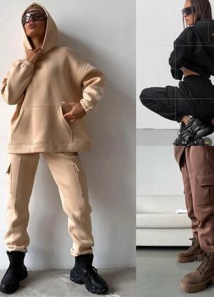 Теплый спортивный костюм из худи oversize и штаны карго1 фото