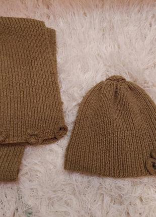 Вязаный оливковый набор, комплект шапка шарф, зима2 фото