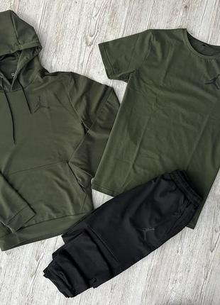 Чоловічий спортивний костюм jordan 3в1 хакі з чорним  ⁇  комплект джордан худі + штани + футболка (bon)