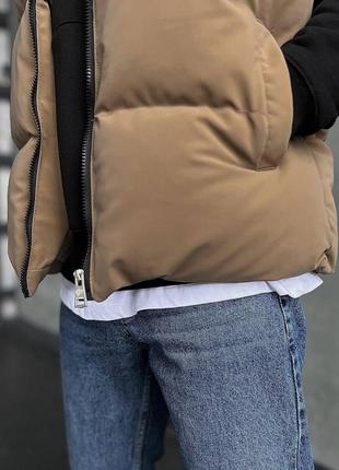 Мужская жилетка оверсайз матовая бежевая без капюшона | безрукавка весенняя осенняя m (bon)4 фото