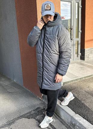 Мужская зимняя парка серая однотонная до -25*с длинная куртка с капюшоном до колен (bon)1 фото