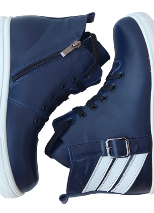 Ботинки женские кожаные  на плоском ходу синего цвета5 фото