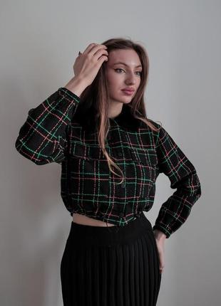 Твидовый укороченный жакет с воротником из эко-меха