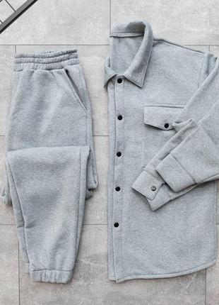 Деловой теплый стильный костюм мужской комплект рубашка и штаны на флисе зимний качественный