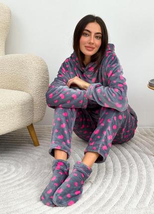 🔥махровая пижама + носки в сердечках, теплая пижама тройка с капюшоном махра10 фото