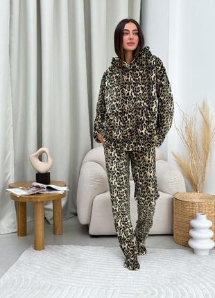 🔥махровая пижама + носки с леопардовым принтом, теплая пижама тройка с капюшоном махра2 фото
