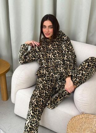🔥махровая пижама + носки с леопардовым принтом, теплая пижама тройка с капюшоном махра9 фото