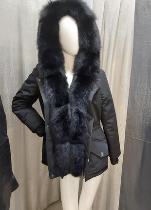 Женская зимняя чёрная парка, куртка с натуральным мехом финского песца в чёрном окрасе, 42-60 размеры