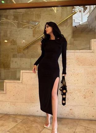 Женское черное базовое облегающее стильное трендовое с длинным рукавом длинное платье 2023
