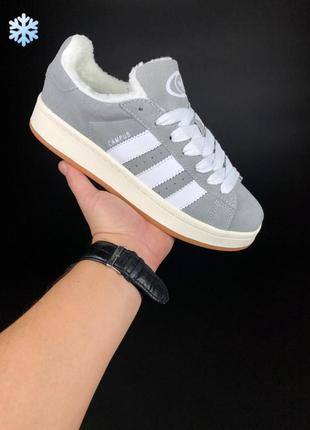 Зимові жіночі кросівки adidas campus winter grey white fur кампус сірого з білим кольорів хутро