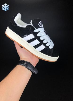 Зимові жіночі кросівки adidas campus Placa black white fur кампус чорного з білим кольорів хутро