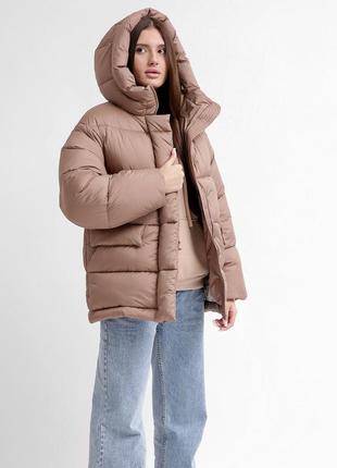 Зимова актуальна тепла жіноча молодіжна куртка пуховик оверсайз на екопуху x-woyz капучино3 фото
