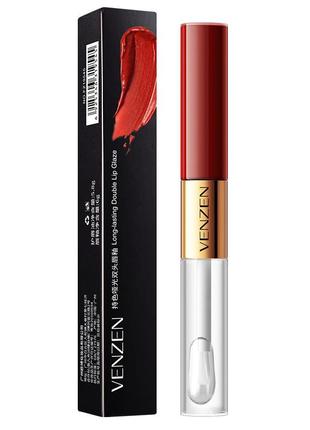 Матовая помада + блеск для губ venzen long - lasting double lip glaze оттенок №4  rubi red3 фото