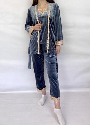 Женская нежная велюровая из кружева пижама 3в1 майка халат и брюки2 фото
