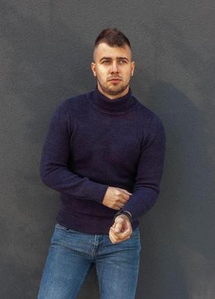 Свитер мужской теплый под горло wool темно-синяя | кофта мужская теплая приталенная2 фото