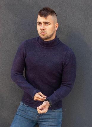 Свитер мужской теплый под горло wool темно-синяя | кофта мужская теплая приталенная1 фото