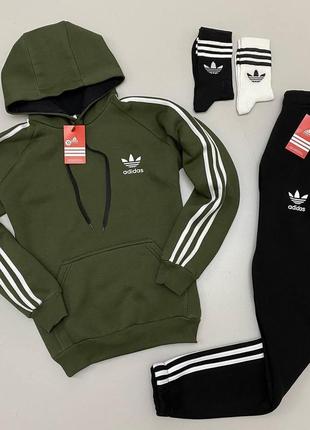 Мужской утепленный спортивный костюм adidas хаки с капюшоном | комплект зимний адидас худи и штаны (bon)