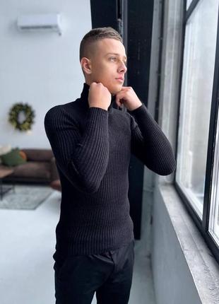 Мужской классический зимний свитер шерстяной в рубчик черный утепленный под горло (bon)2 фото