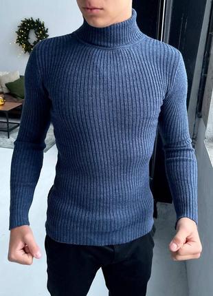 Мужской классический зимний свитер шерстяной в рубчик черный утепленный под горло (bon)7 фото