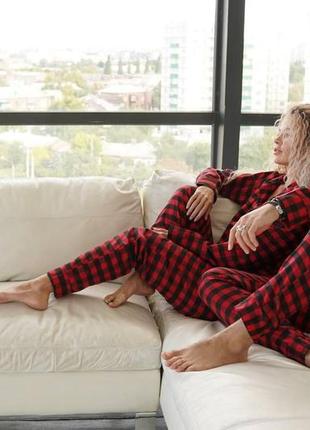 Женская пижама фланелевая теплая комплект рубашка и штаны клетчатая красная (bon)7 фото